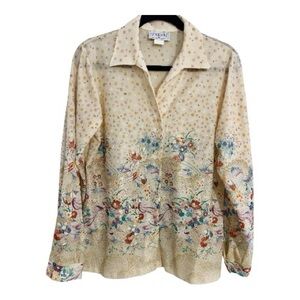 Vintage 1970’s Shapely Boho Blouse Sz 18 Sheer Abstract Floral Pointed Collar